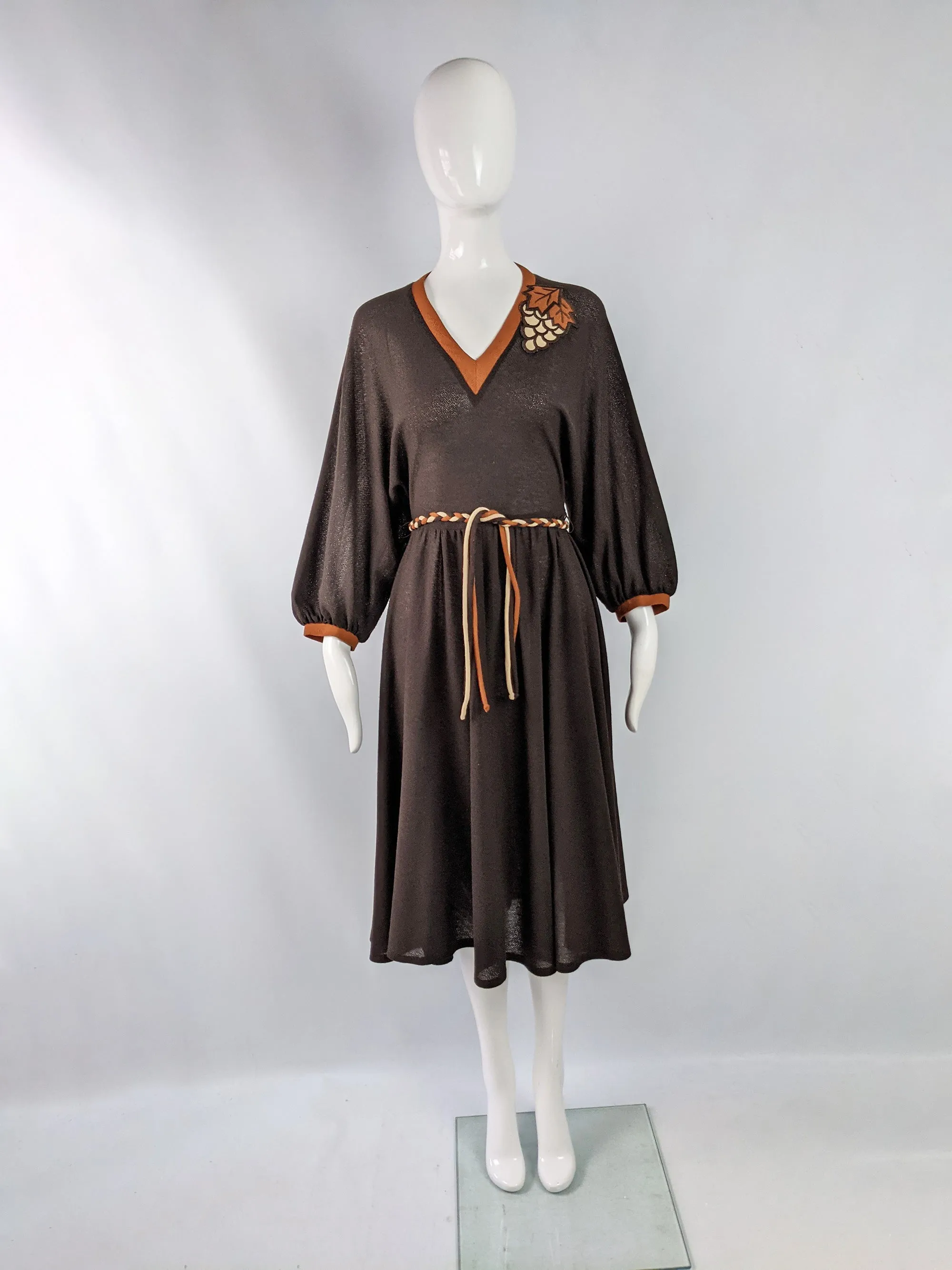 Liza Peta Vintage Brown Crepe Cute Grape Appliqué Dress, 1970s