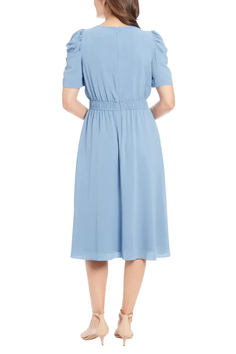 London Times Shirred Neck Caterpillar Sleeve Midi Dress