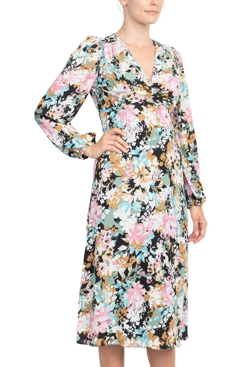 London Times V-Neck Bishop Long Sleeve Floral Print Zipper Back Crepe Dress