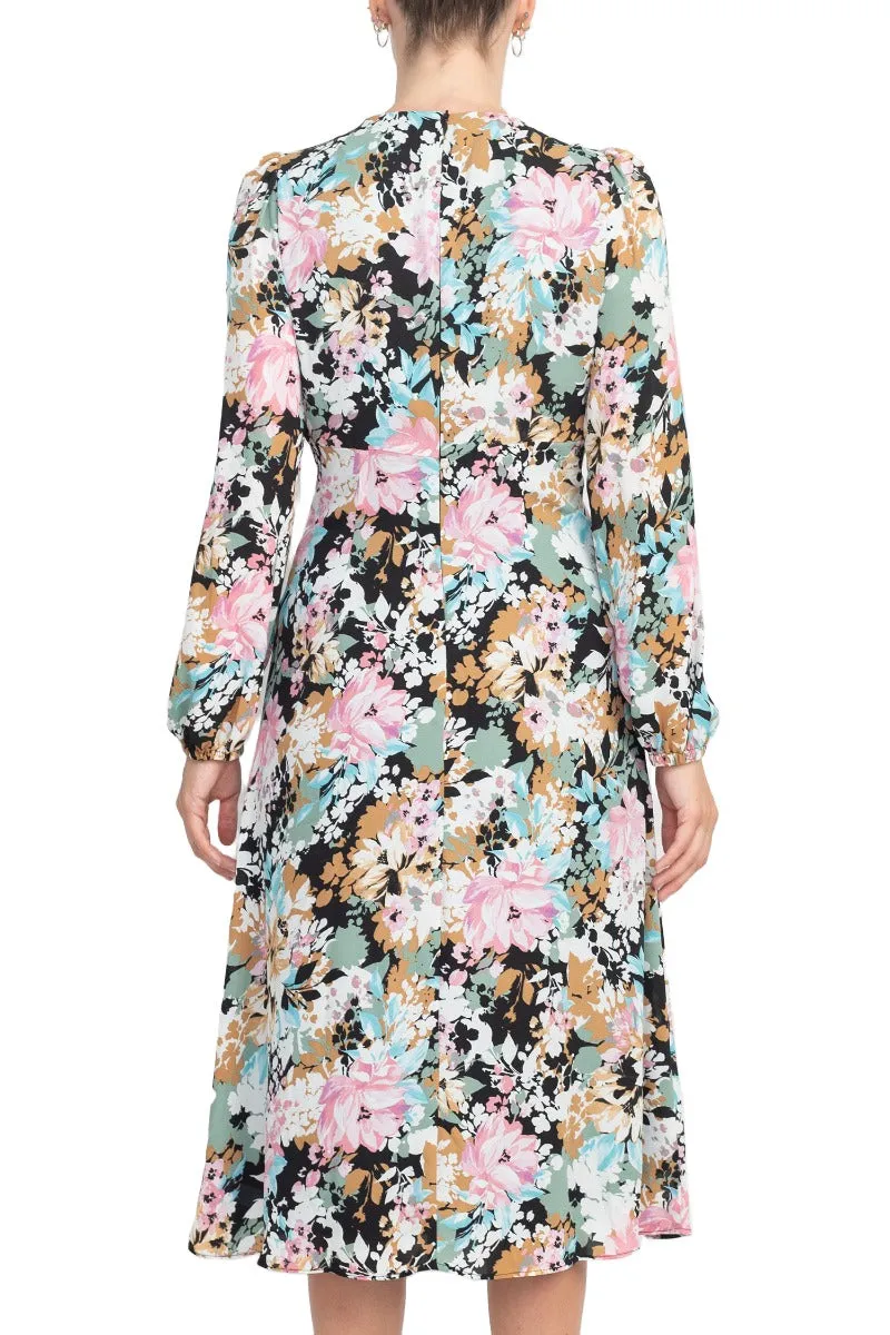 London Times V-Neck Bishop Long Sleeve Floral Print Zipper Back Crepe Dress