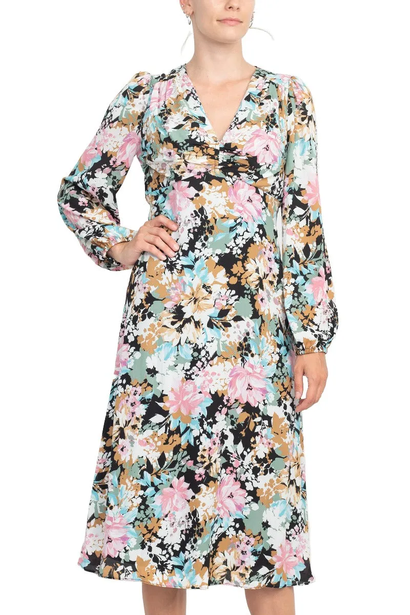 London Times V-Neck Bishop Long Sleeve Floral Print Zipper Back Crepe Dress