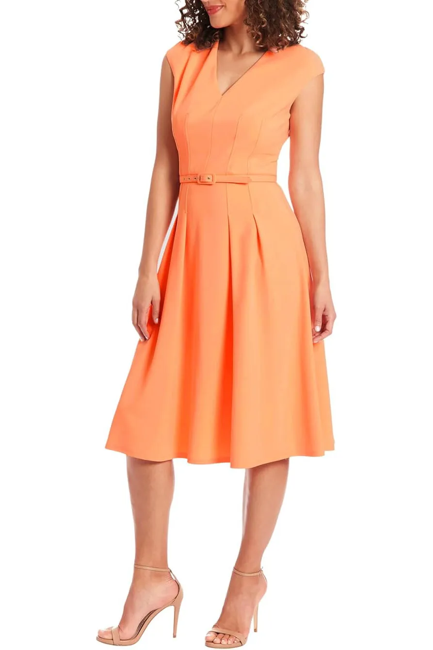 London Times V-Neck Tucked Midi with Belt Dress