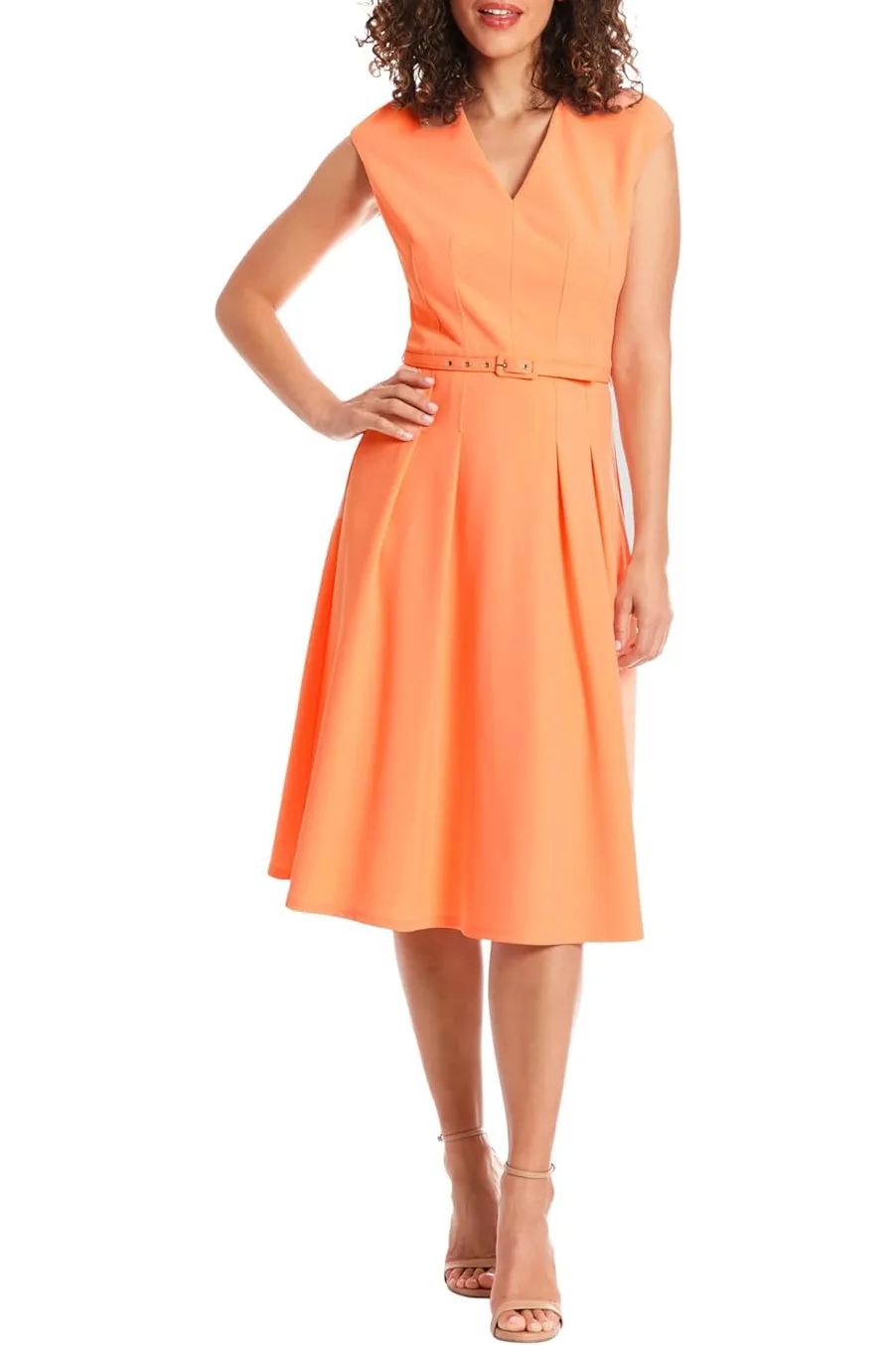 London Times V-Neck Tucked Midi with Belt Dress