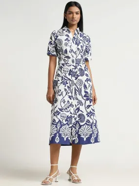 LOV Navy Printed Cotton Midi Dress with Belt