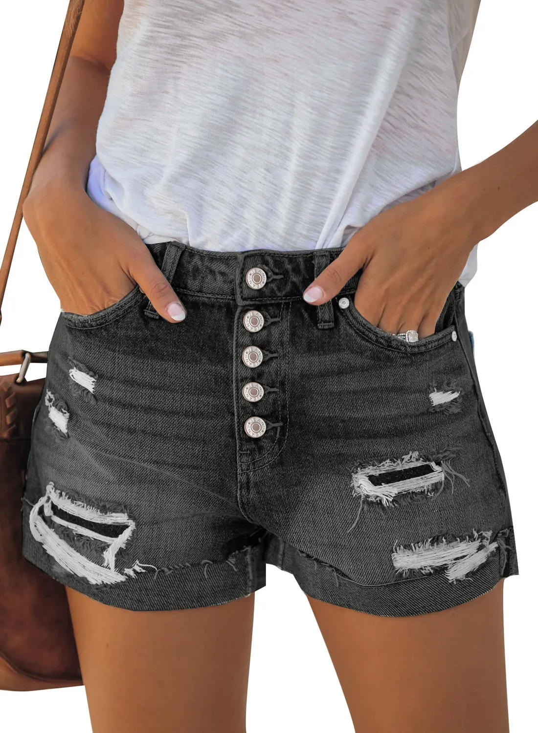 luvamia Women Casual Stretchy Denim Shorts High Waisted Ripped Button Jeans Shorts