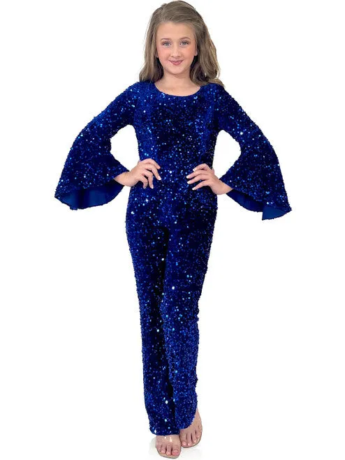 Marc Defang 8225K Girls Velvet Sequin Pageant Jumpsuit Long Bell Sleeve Fun Fashion