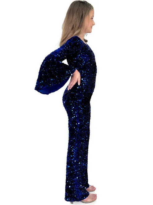 Marc Defang 8225K Girls Velvet Sequin Pageant Jumpsuit Long Bell Sleeve Fun Fashion