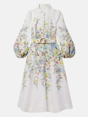 Matchmaker Belted Floral Print Linen Midi Dress in Cream