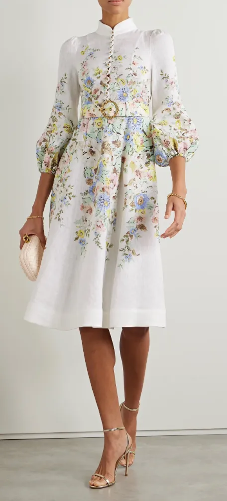 Matchmaker Belted Floral Print Linen Midi Dress in Cream