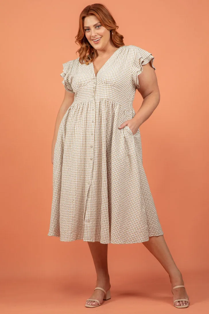 Melanie Midi Dress Gingham Print Nude