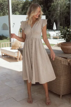 Melanie Midi Dress Gingham Print Nude