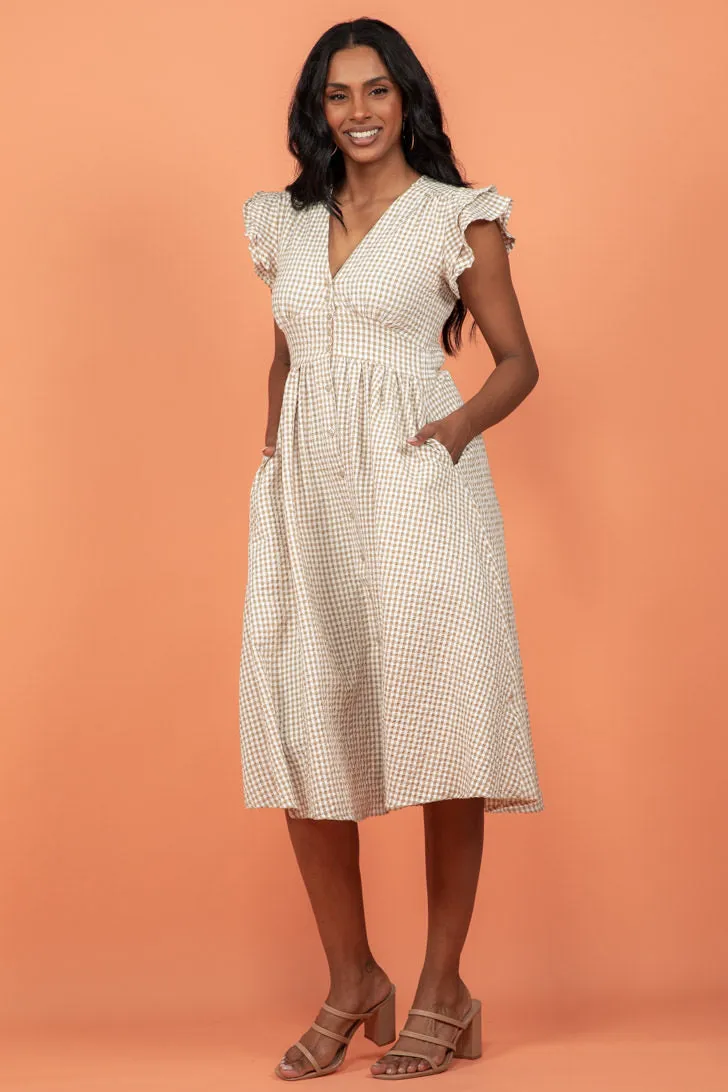 Melanie Midi Dress Gingham Print Nude