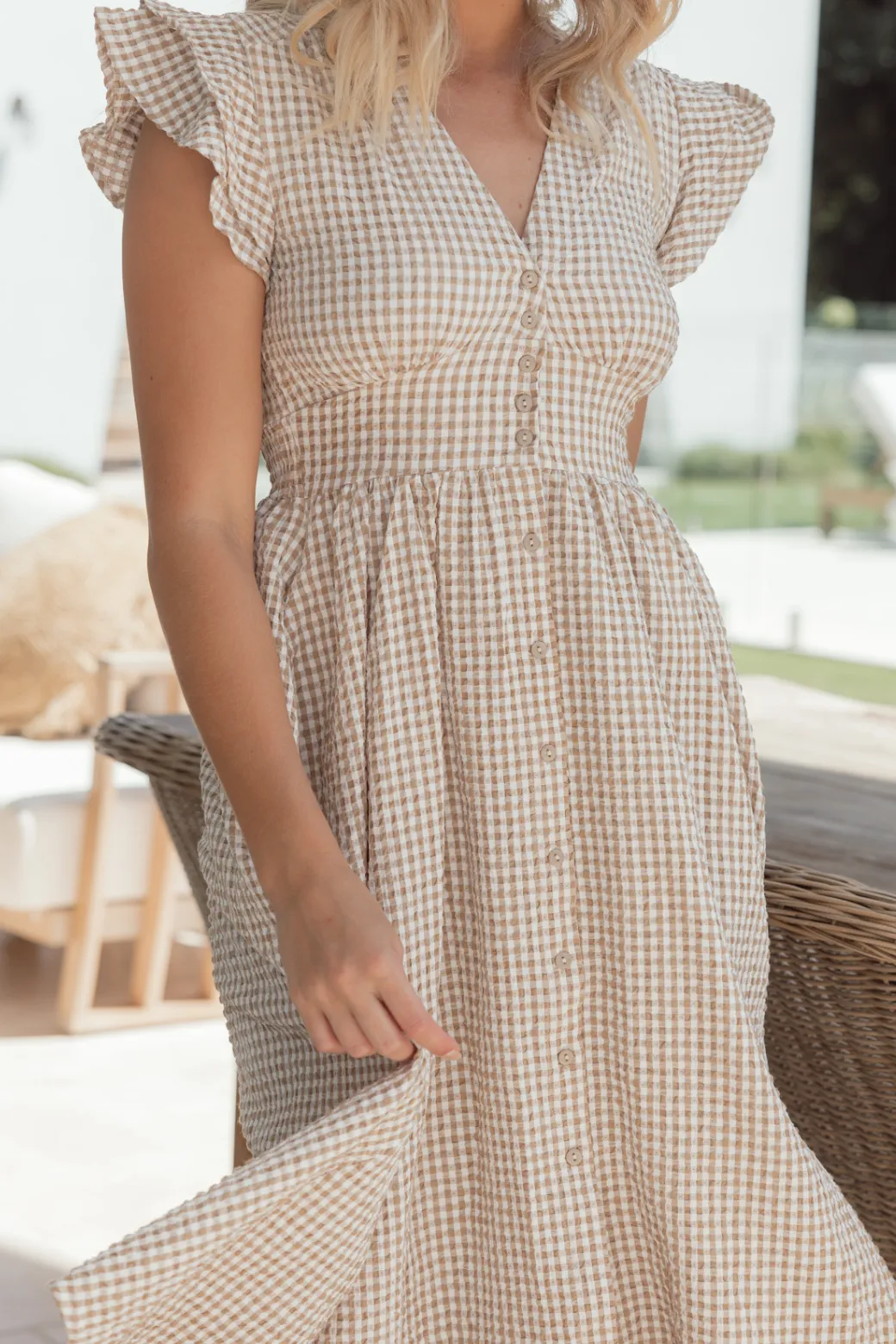 Melanie Midi Dress Gingham Print Nude