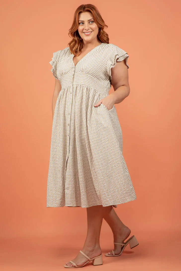 Melanie Midi Dress Gingham Print Nude