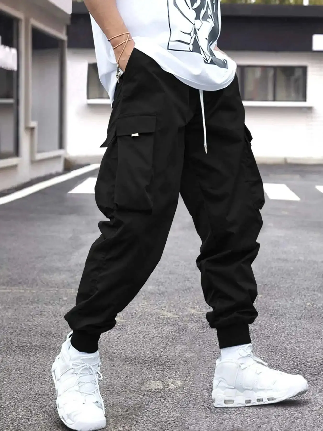 Men Flap Pocket Side Drawstring Waist Cargo Pants cho