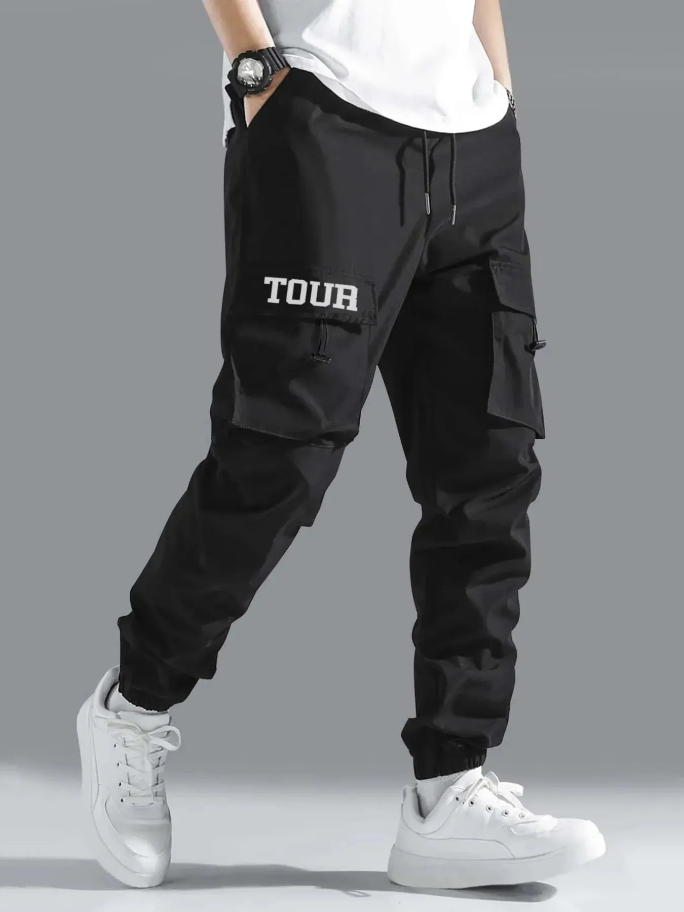 Men Flap Pocket Side Drawstring Waist Cargo Pants cho