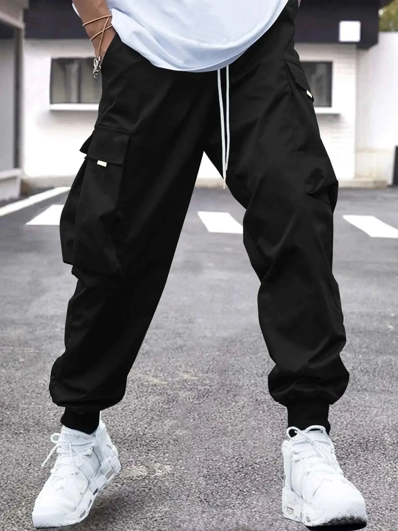 Men Flap Pocket Side Drawstring Waist Cargo Pants cho