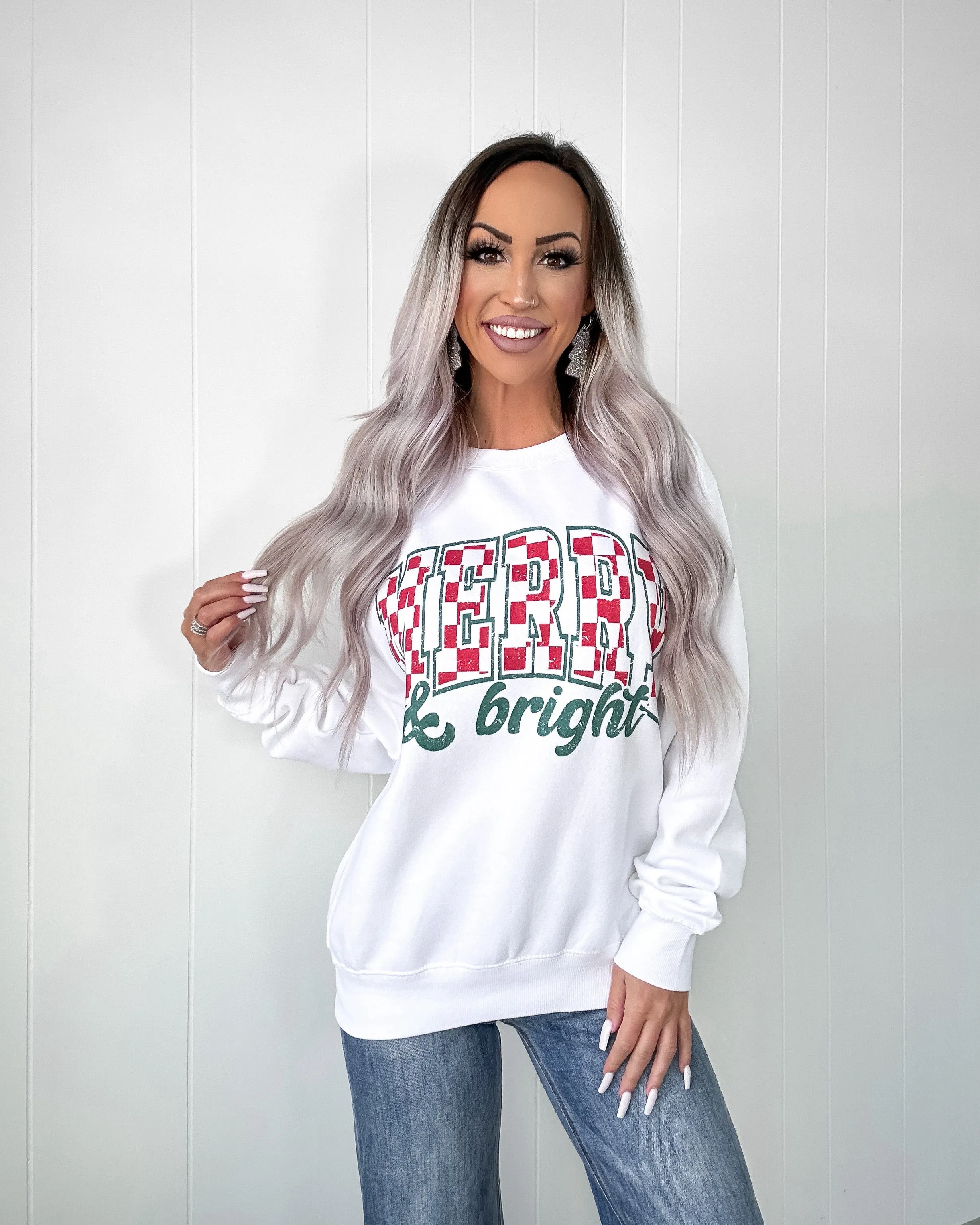 Merry & Bright Checkered Sweatshirt - White