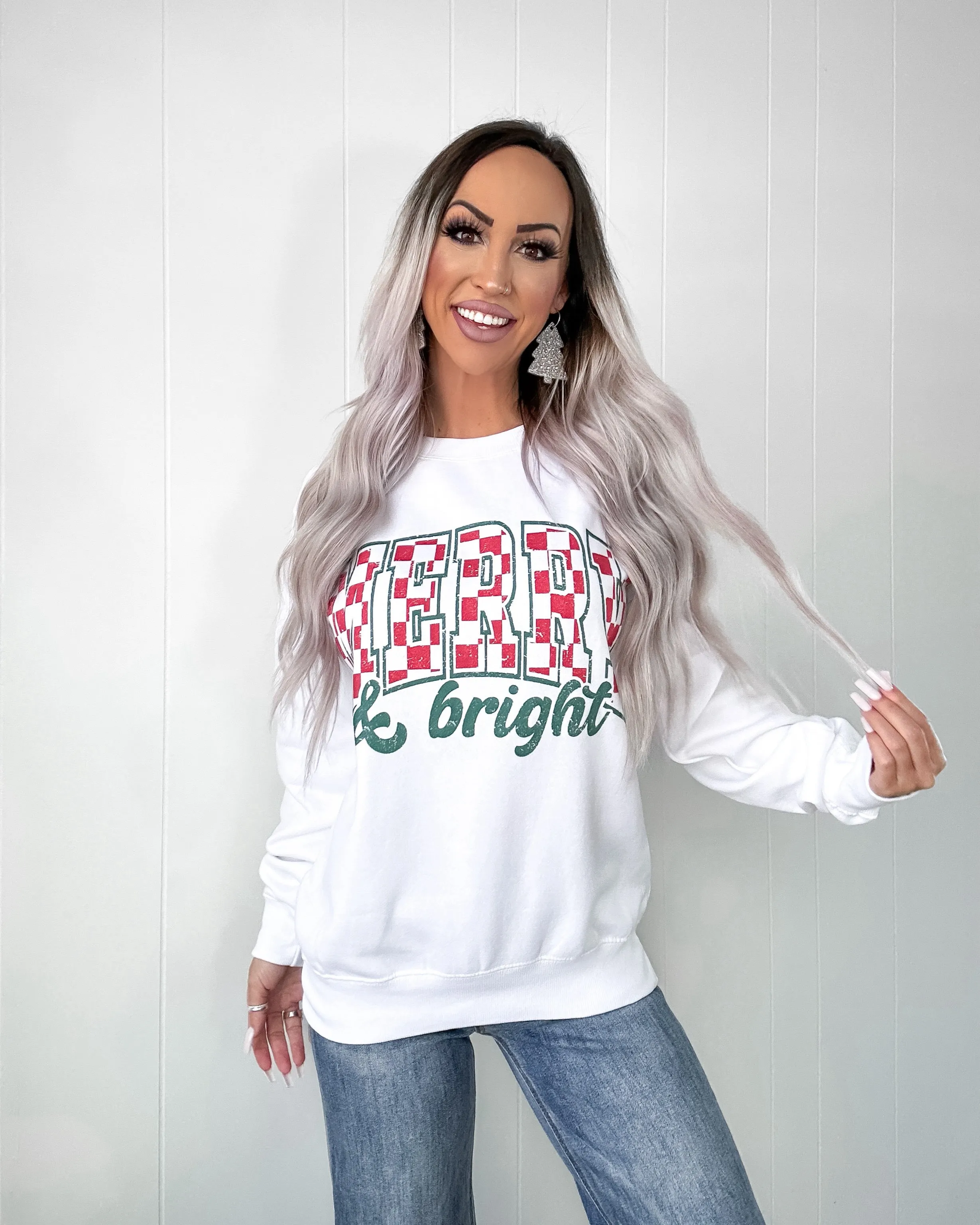 Merry & Bright Checkered Sweatshirt - White