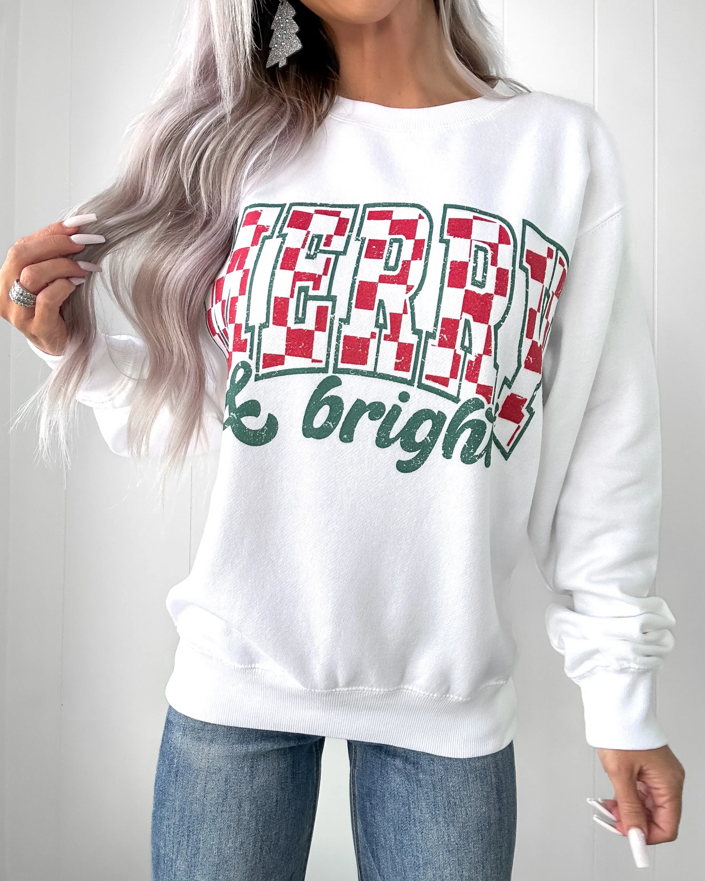 Merry & Bright Checkered Sweatshirt - White