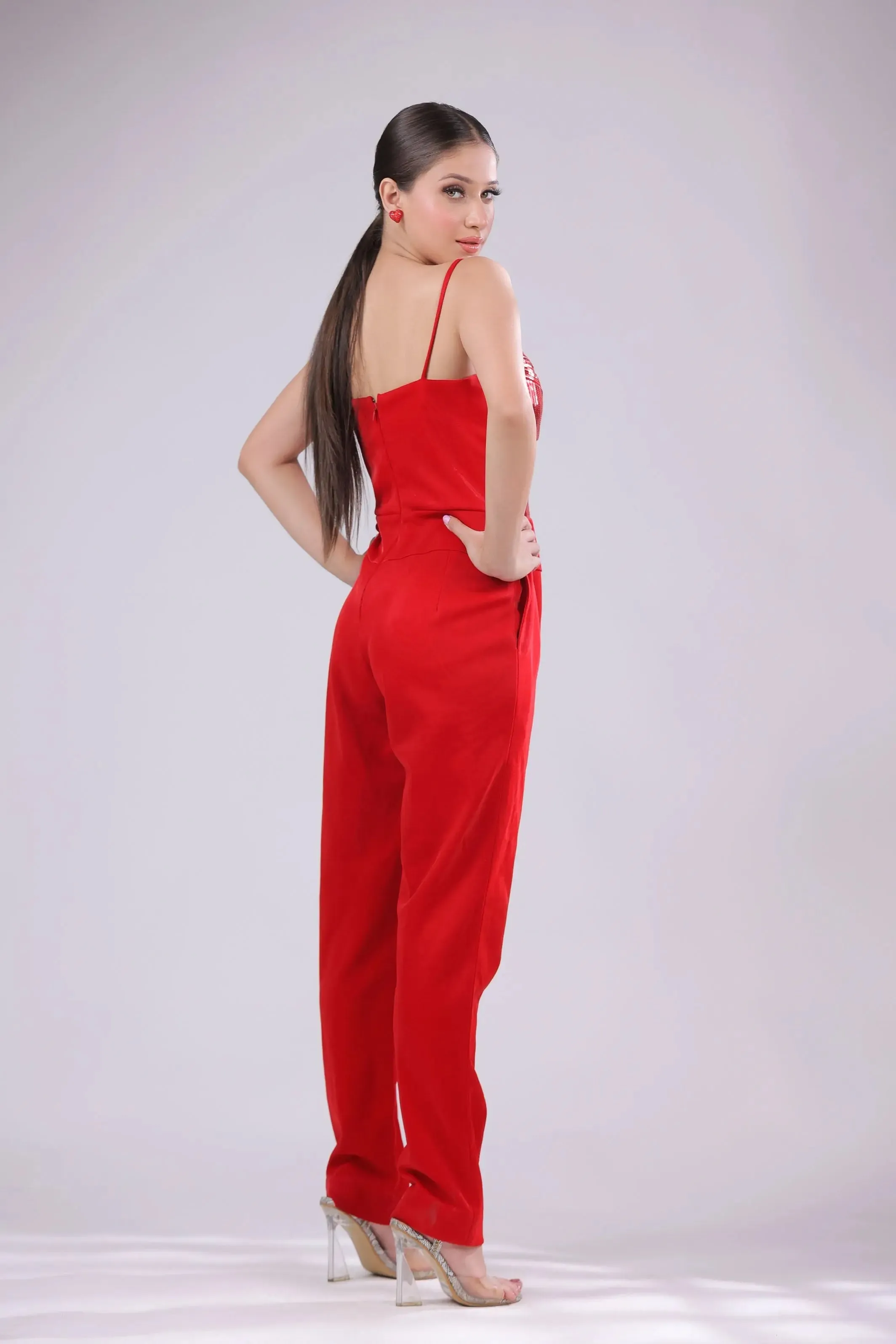 Metallic Party Wear Red Jumpsuit