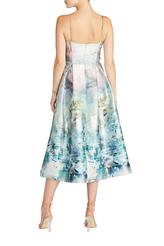 ML Monique Lhuillier Spaghetti Strap A-Line Box Pleat Printed Jacquard Dress