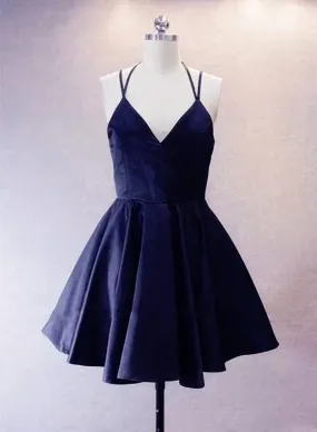 Navy Blue Short Straps Satin Homecoming Dresses, Lovely Simple Prom Dress