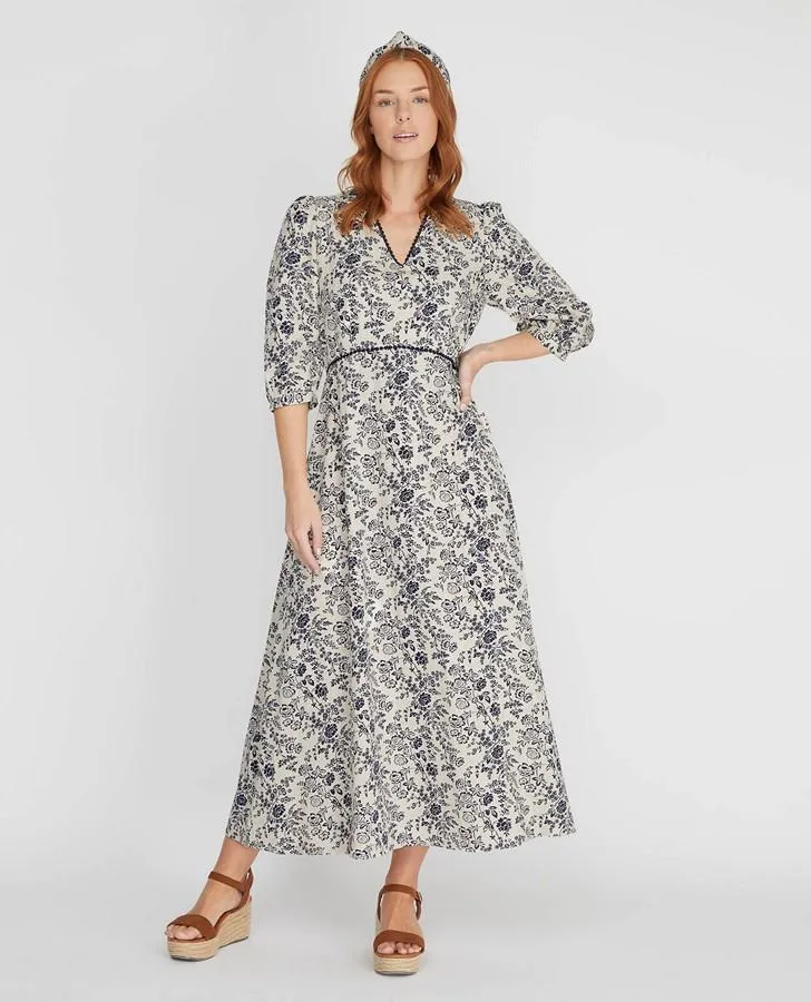 Navy/Natural Meadow Print Midi Dress