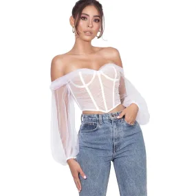 Net Yarn One-shoulder Herringbone Corset Long-sleeved Top