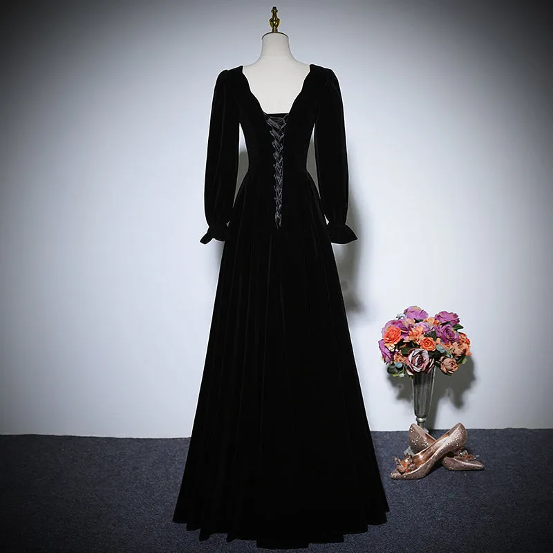 New black long-sleeved velvet dress  prom dress      fg158