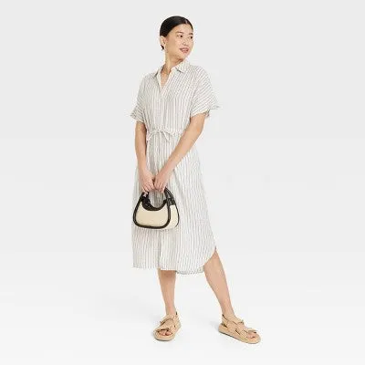 New - Women's Short Sleeve Linen Midi Shirtdress - A New Day™ Cream Striped L