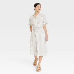 New - Women's Short Sleeve Linen Midi Shirtdress - A New Day Cream Striped XS