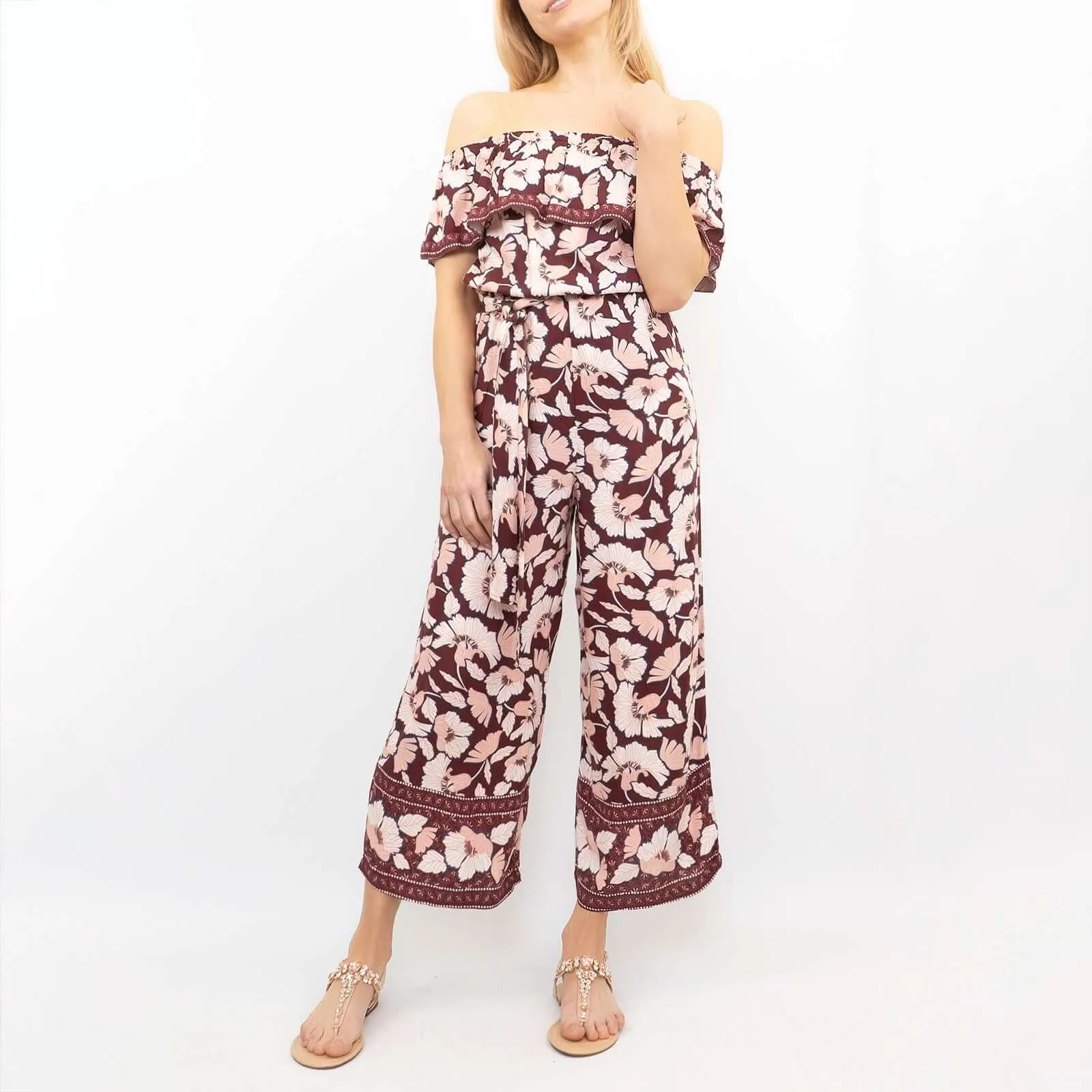 Next Wide Leg Off Shoulder Floral Lightweight Casual Jumpsuit