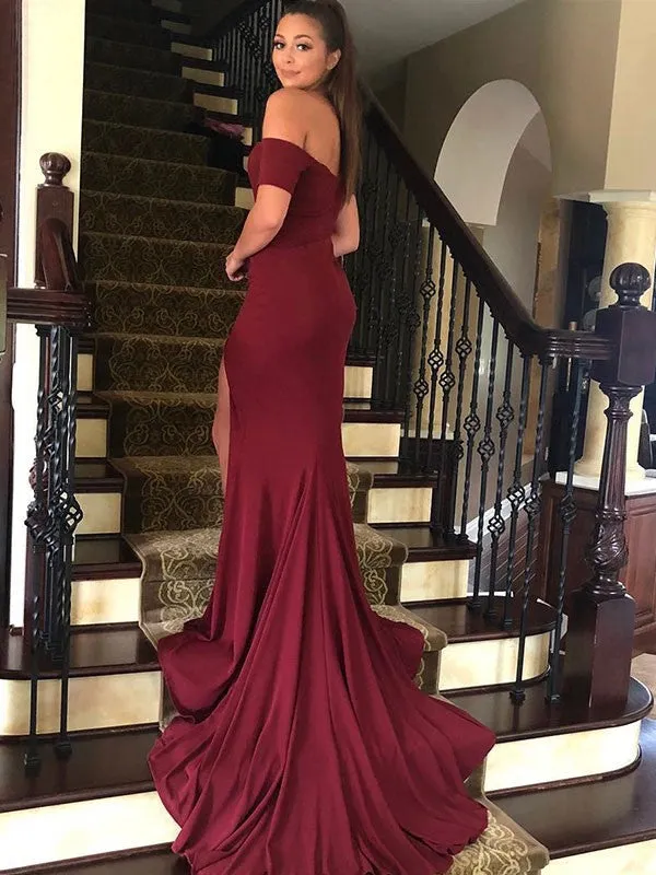 Off Shoulder Mermaid Side Slit Burgundy Long Prom Dresses with Sweep Train, Mermaid Formal Dresses Evening Dresses