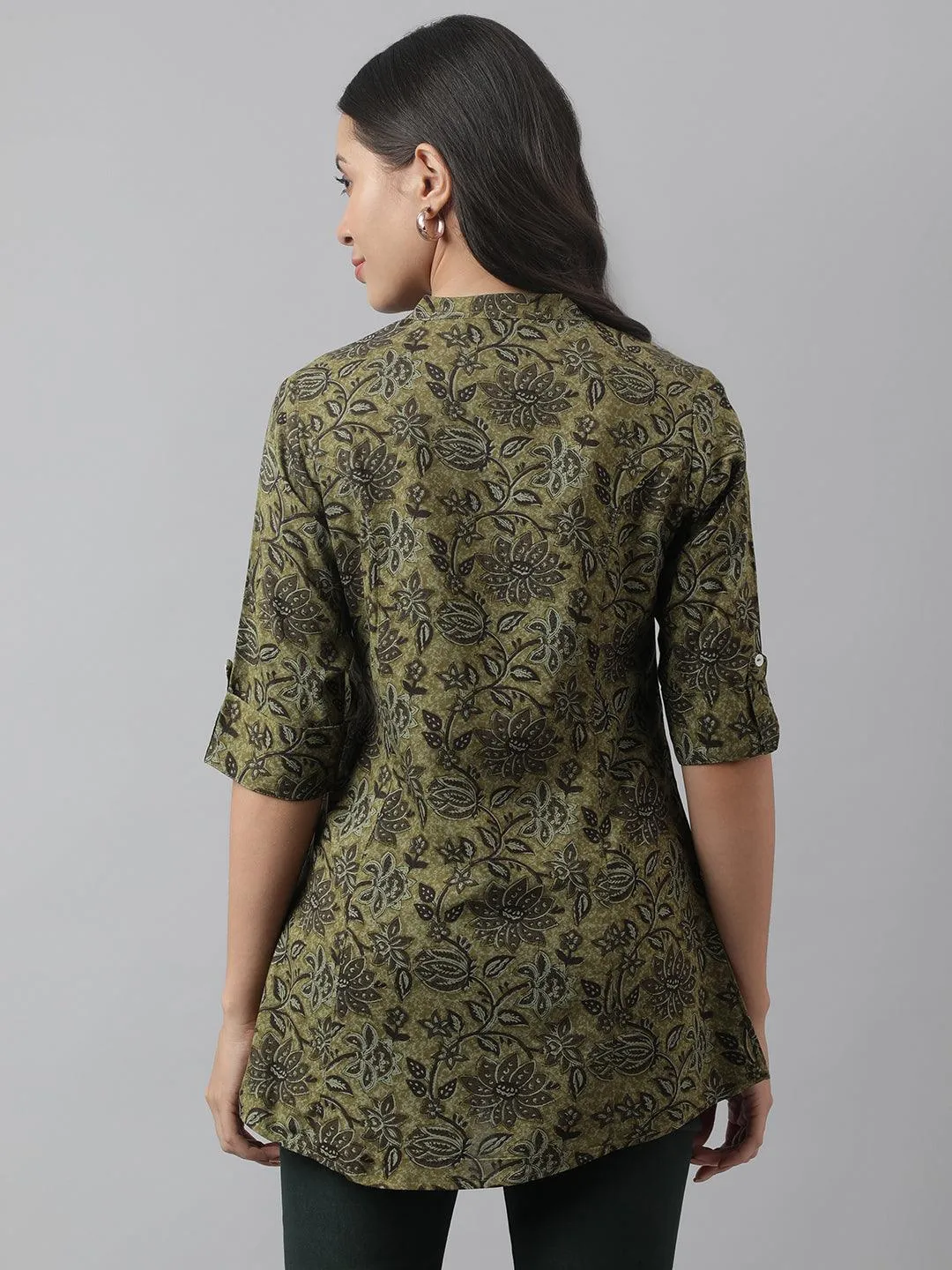 Olive Green Floral Printed Rayon A-Line Shirt Style Top