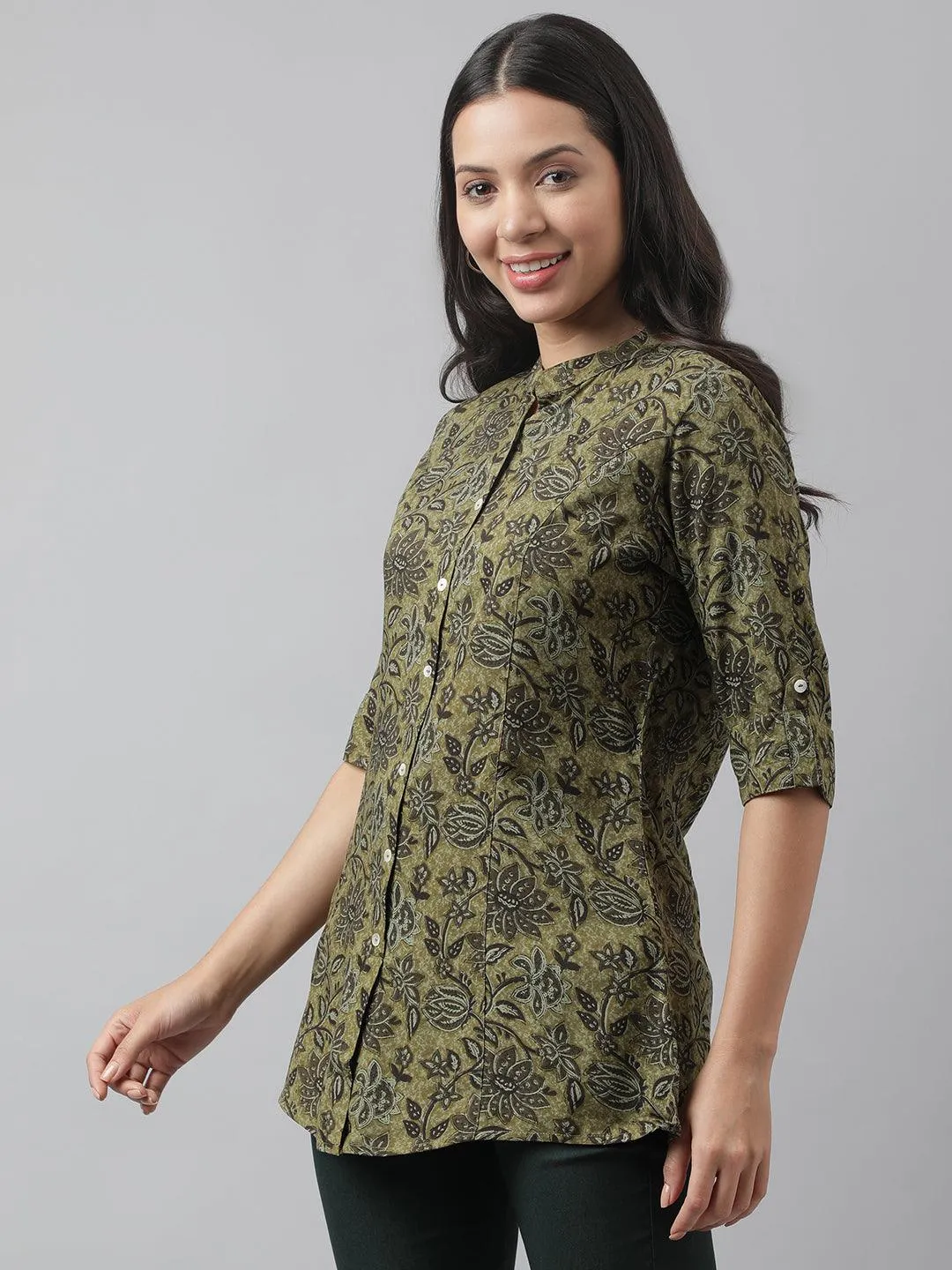 Olive Green Floral Printed Rayon A-Line Shirt Style Top