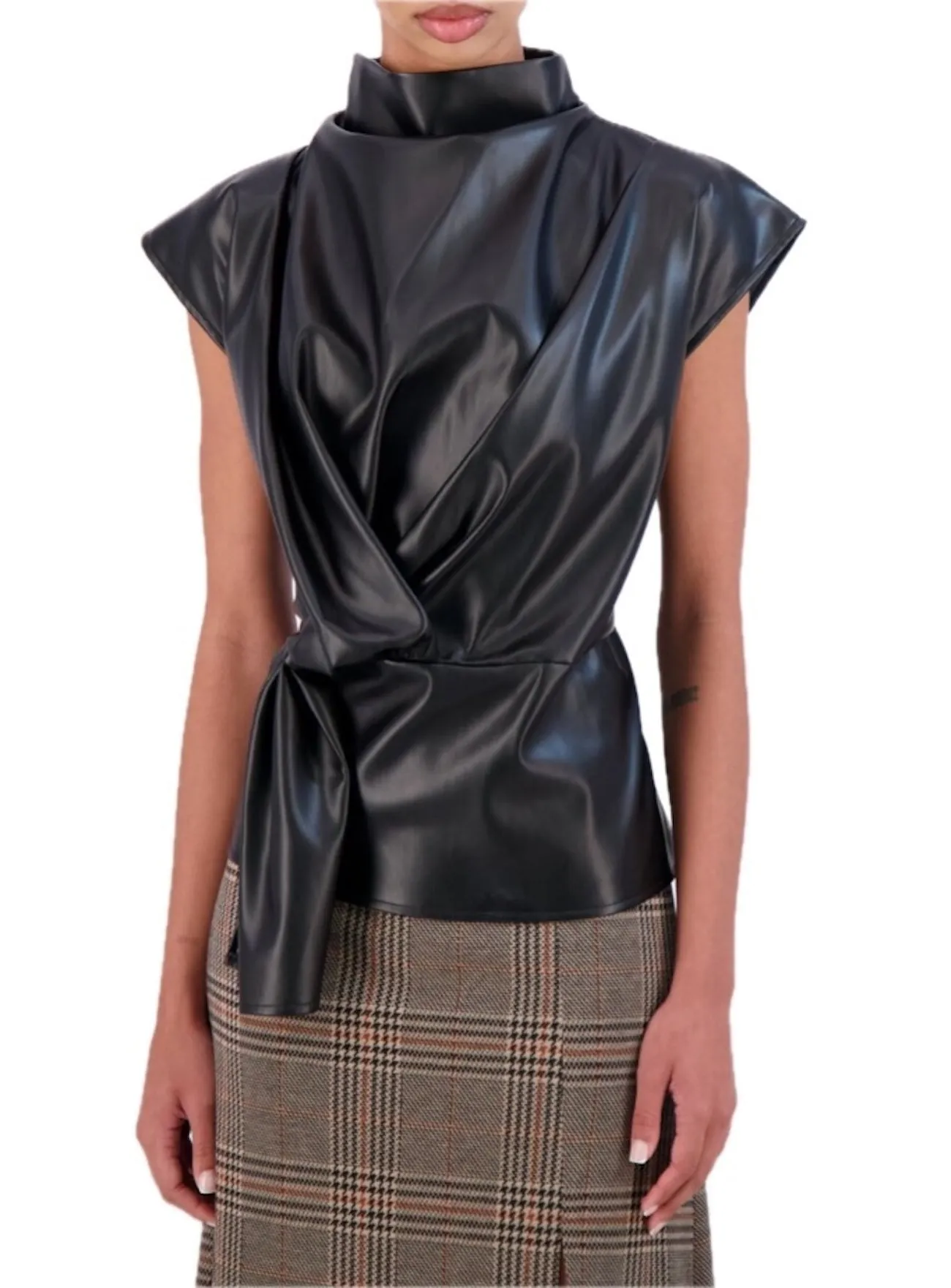 Ookie & Lala Super soft sleeveless vegan leather blouse with faux side tie