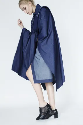 Origami Stain Collar Light Denim Cape / Navy