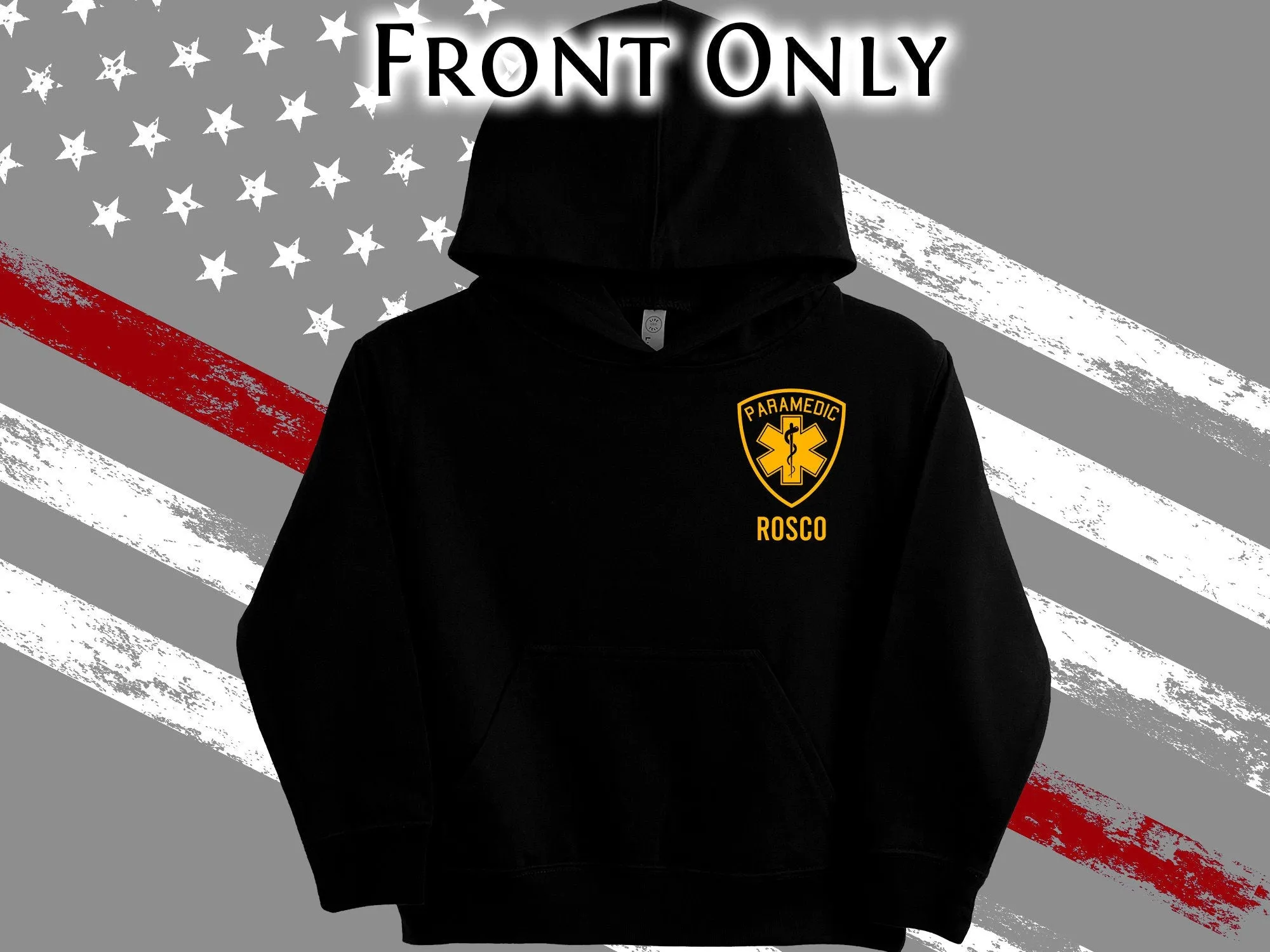 Paramedic Youth Sized Hoodie in Black with Star of Life and Personalized Name - Optional City or Department on Back