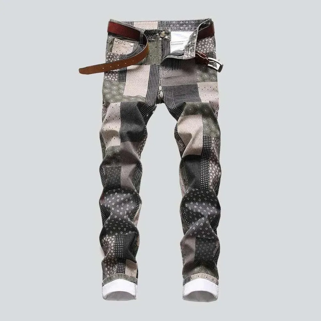 Patchwork print men's jeans