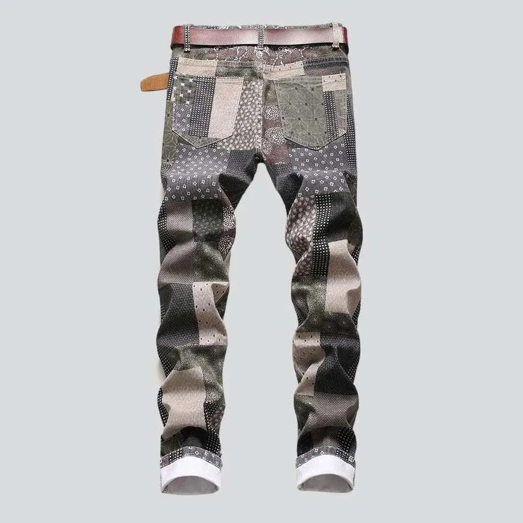 Patchwork print men's jeans