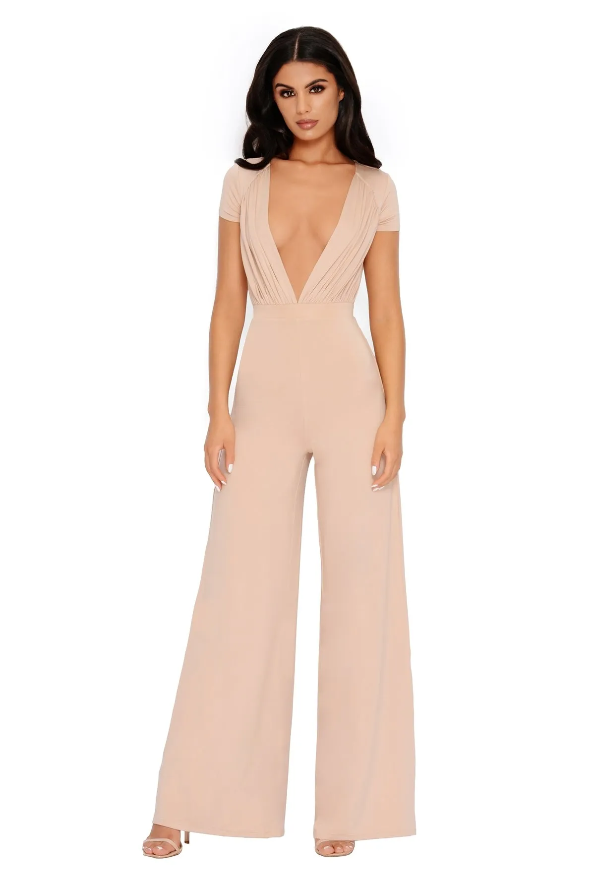 PETITE Sleeve It To Me Extreme Plunge Wide Leg Jumpsuit in Frappe