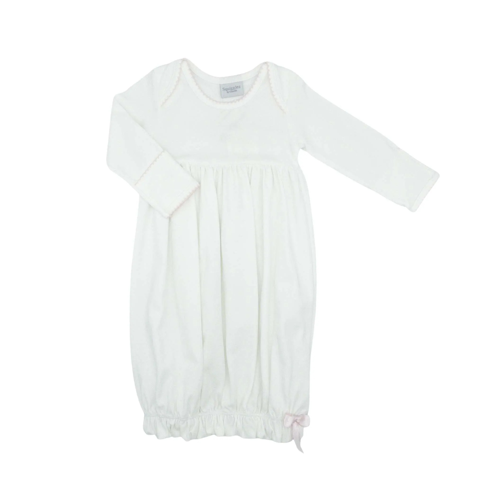 Pima Knit White Lap Shoulder Gown with Picot Trim