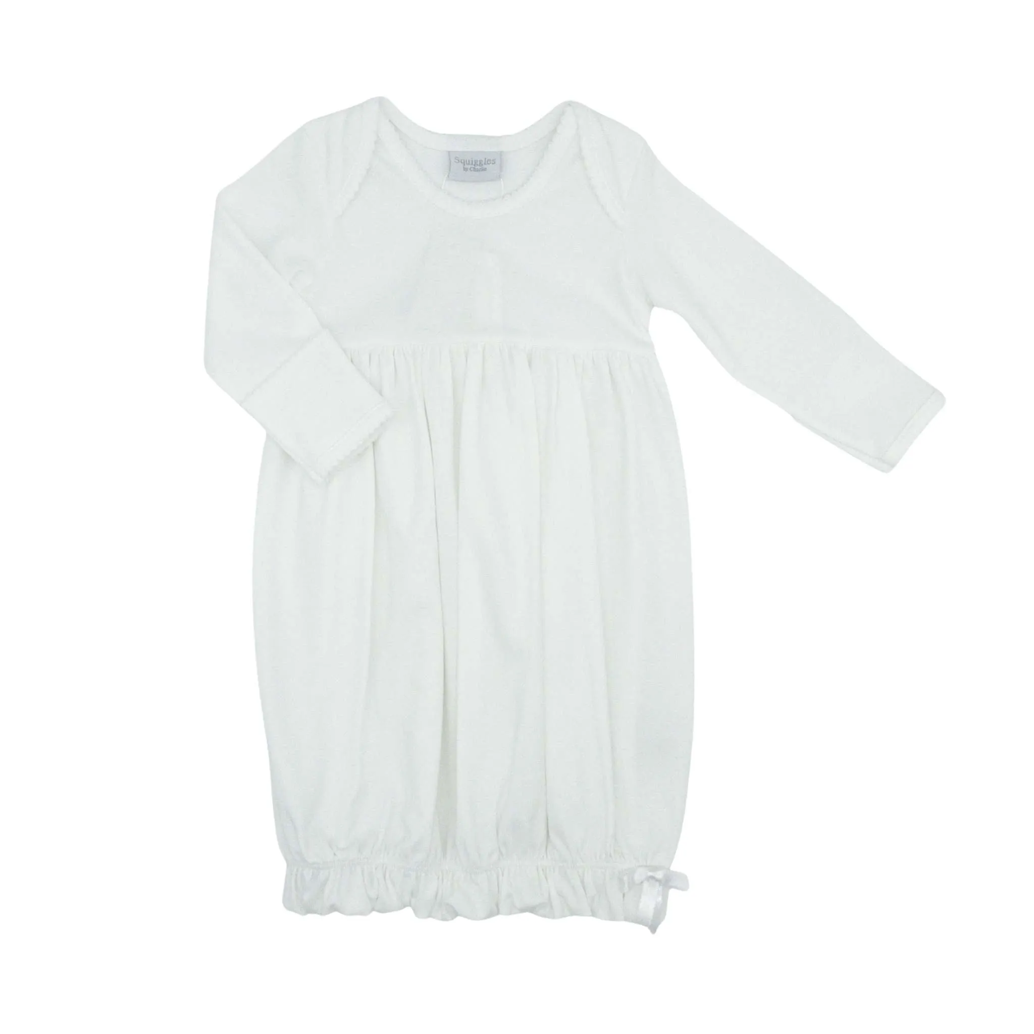 Pima Knit White Lap Shoulder Gown with Picot Trim