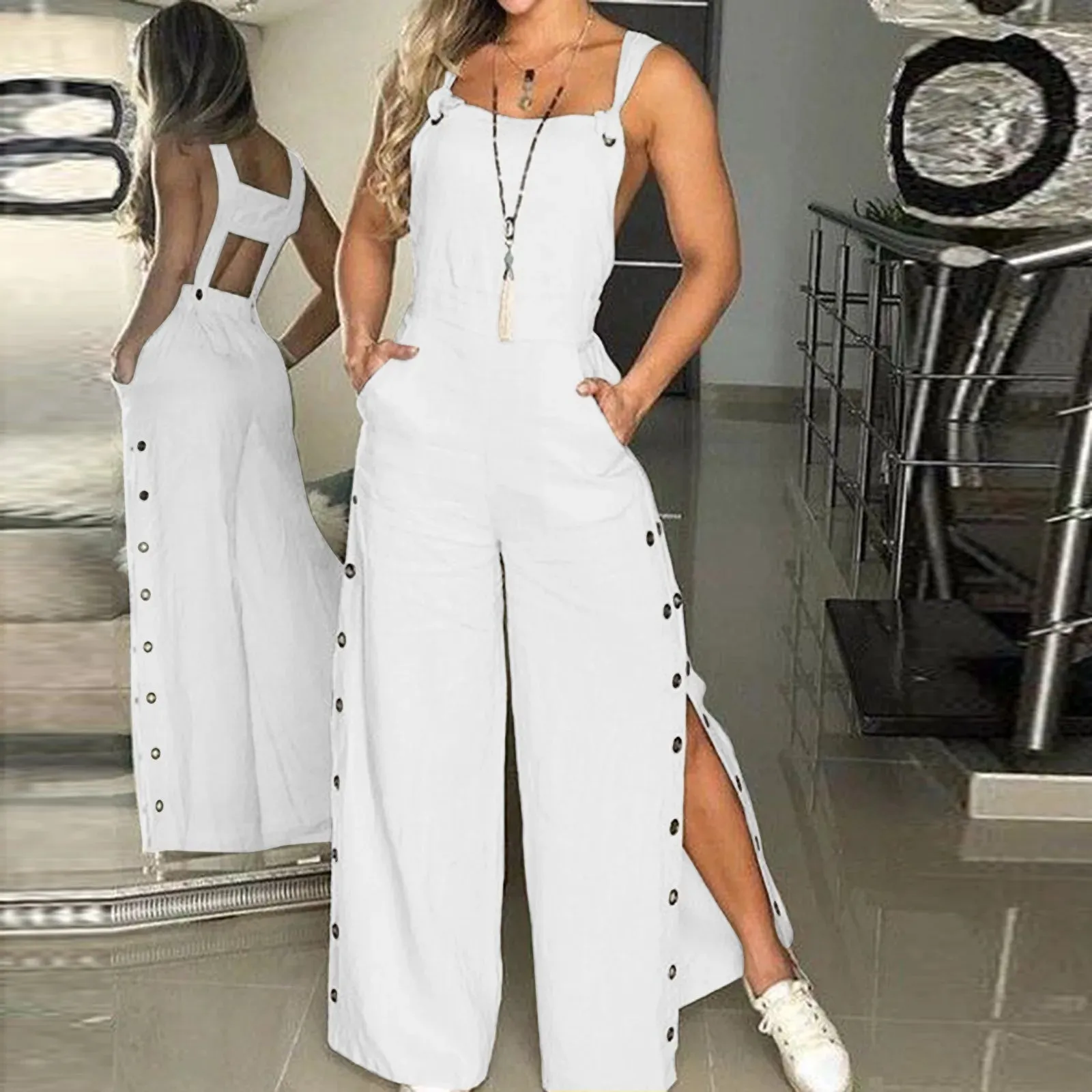 Plus Size Ladies Sexy Romper Jumpsuit Summer Sleeveless Twisted Knot Cotton Strappy Pants Button Openings Women'S Jumpsuits