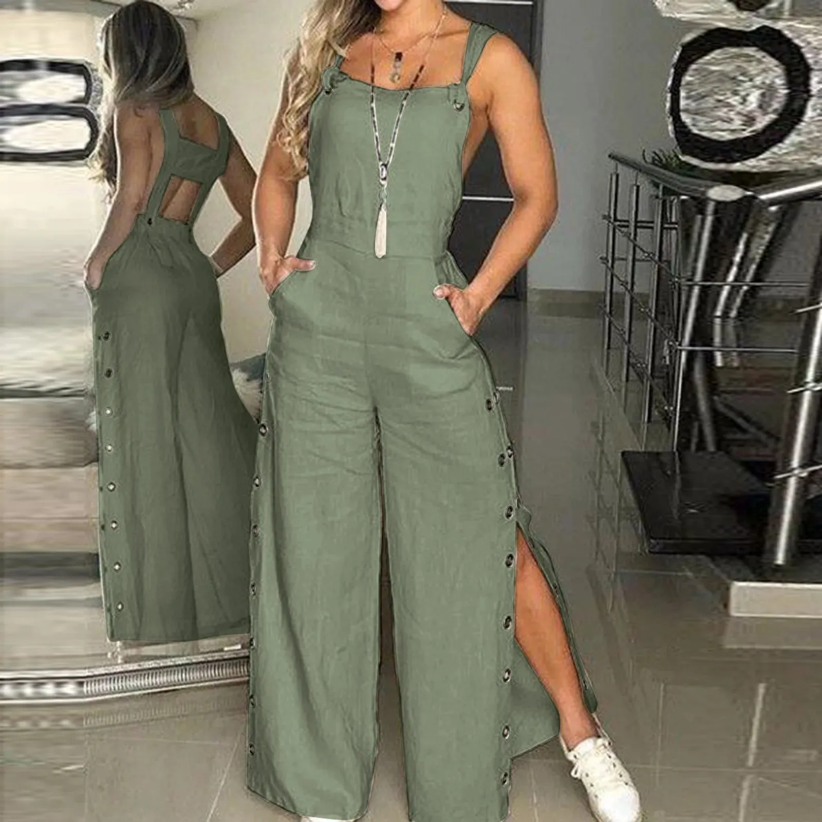 Plus Size Ladies Sexy Romper Jumpsuit Summer Sleeveless Twisted Knot Cotton Strappy Pants Button Openings Women'S Jumpsuits