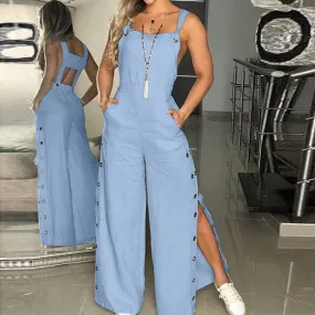 Plus Size Ladies Sexy Romper Jumpsuit Summer Sleeveless Twisted Knot Cotton Strappy Pants Button Openings Women'S Jumpsuits