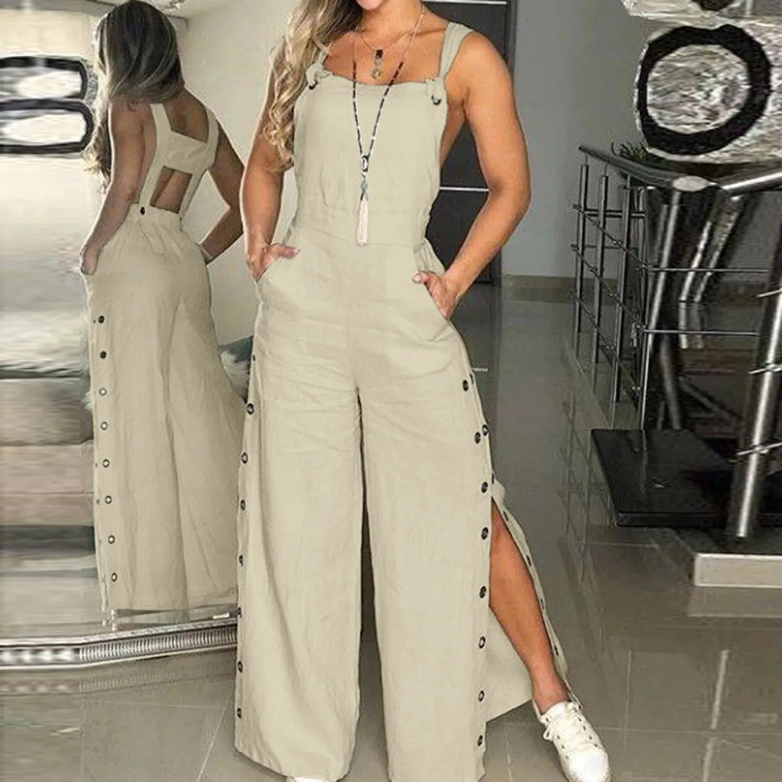 Plus Size Ladies Sexy Romper Jumpsuit Summer Sleeveless Twisted Knot Cotton Strappy Pants Button Openings Women'S Jumpsuits