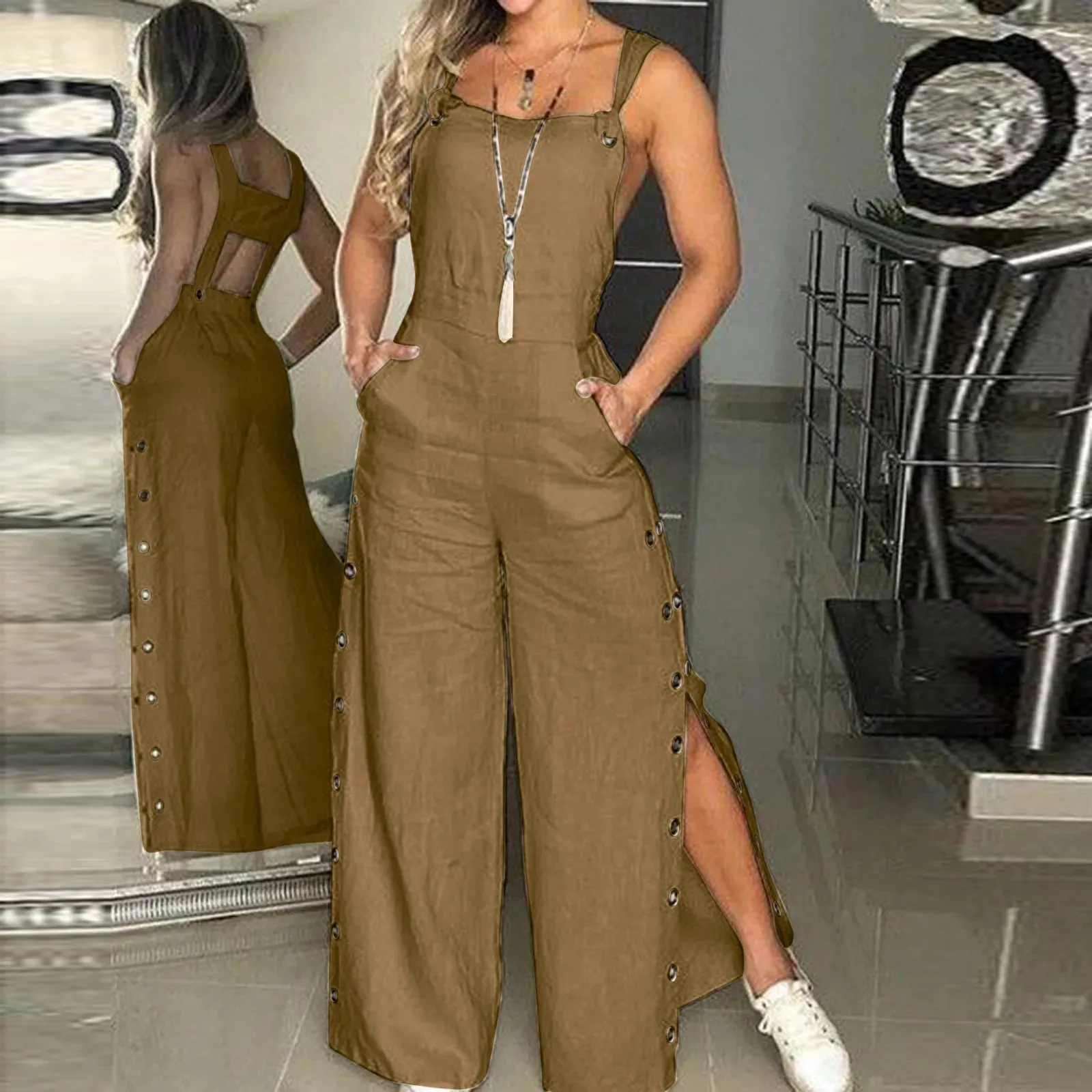 Plus Size Ladies Sexy Romper Jumpsuit Summer Sleeveless Twisted Knot Cotton Strappy Pants Button Openings Women'S Jumpsuits