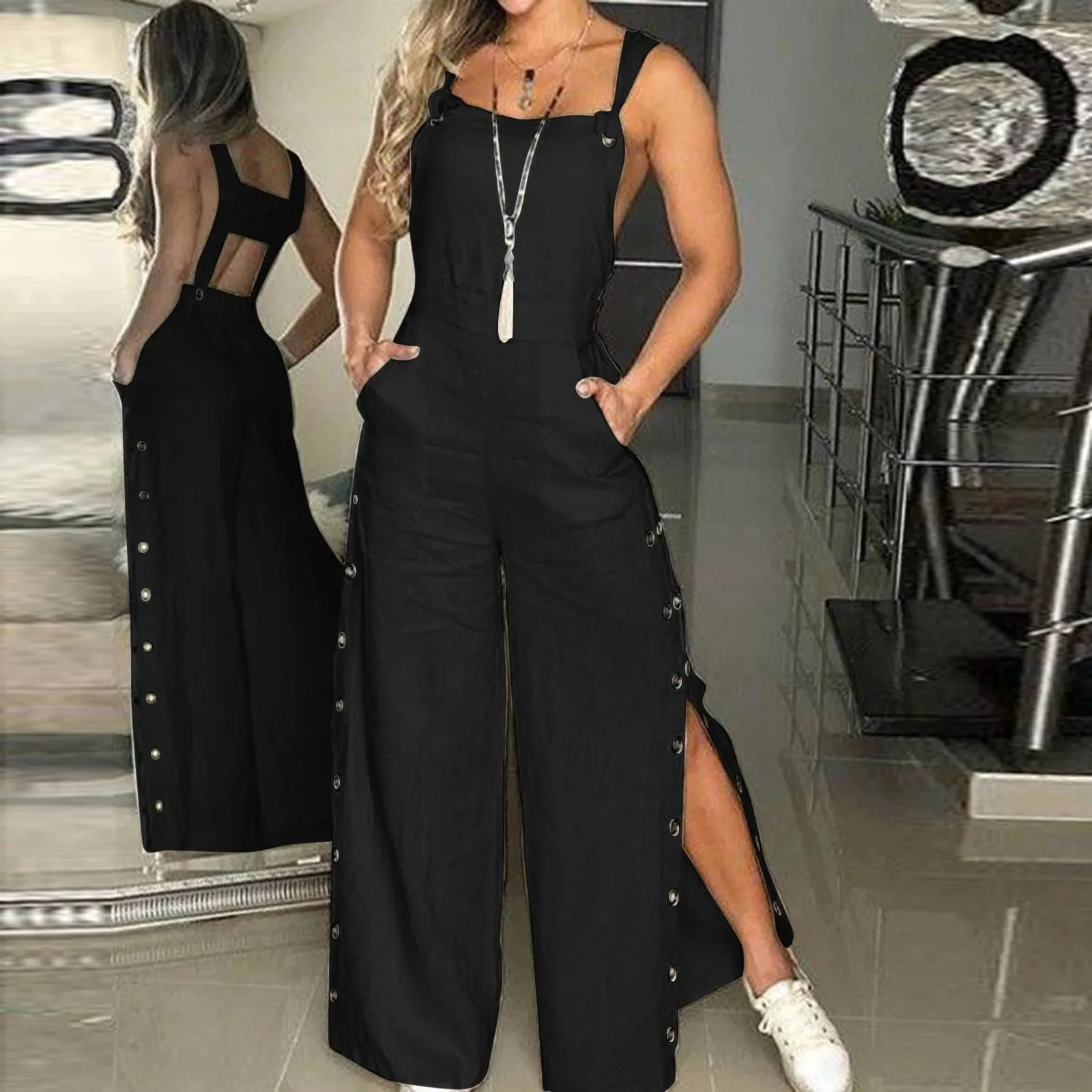 Plus Size Ladies Sexy Romper Jumpsuit Summer Sleeveless Twisted Knot Cotton Strappy Pants Button Openings Women'S Jumpsuits